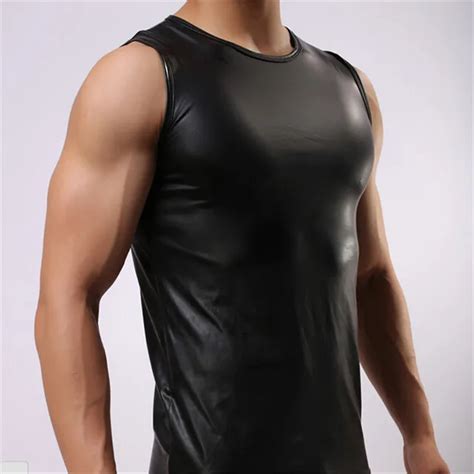 Summer Men Tank Tops Fashion Solid Black Faux Leather Top Tees Sexy