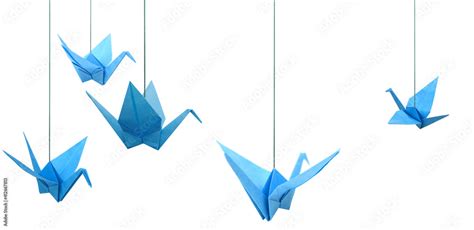 Blue Origami Paper Cranes Haning Isolated White Stock Photo Adobe Stock