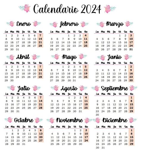 A Calendar For The New Year With Pink Flowers And Leaves On It In Spanish