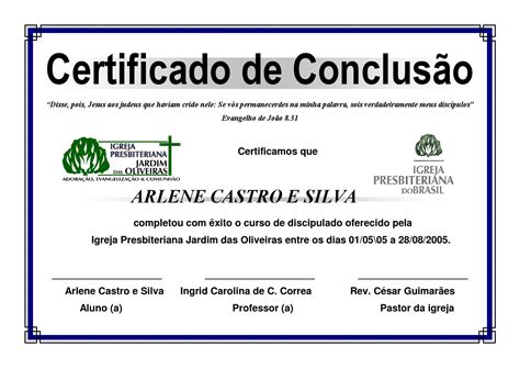 Certificado De Conclusão Classe De Discipulado Ipjo 2005 By Ângelo