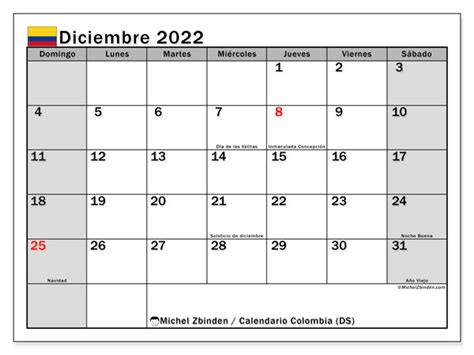 Calendario Diciembre De 2022 Para Imprimir “colombia Ds” Michel