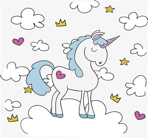 A Cartoon Unicorn Standing On Top Of A Cloud With Hearts And Stars In