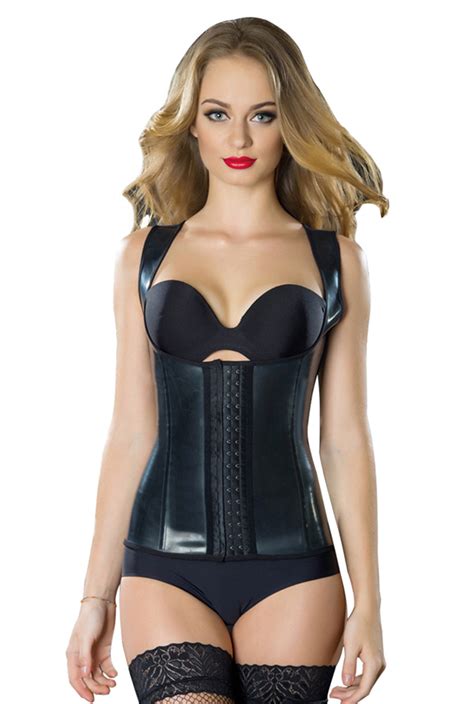 sexy latex women steel bone glossy rubber corset black