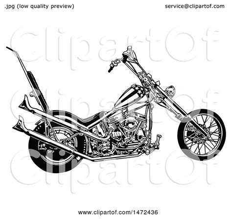Clipart Of A Black And White Chopper Motorcycle Royalty Free Vector