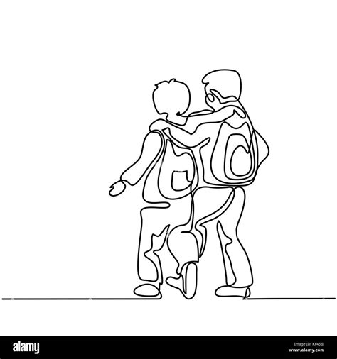 Friends Boys Going Back To School With Bags Continuous Line Drawing