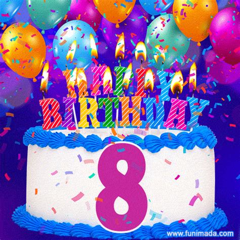 8th Birthday Cake  Colorful Candles Balloons Confetti And Number