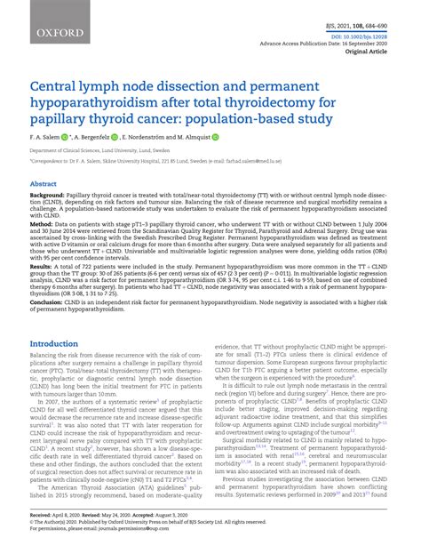 Pdf Central Lymph Node Dissection And Permanent Hypoparathyroidism