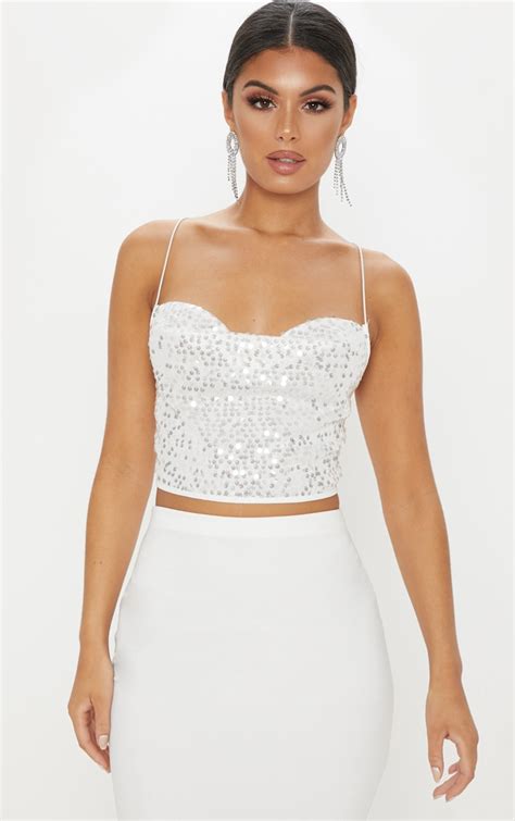 White Cowl Neck Sequin Strappy Crop Top Prettylittlething Il