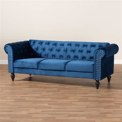 Emma Navy Blue Velvet Button Tufted Chesterfield Sofa Uniquely Living