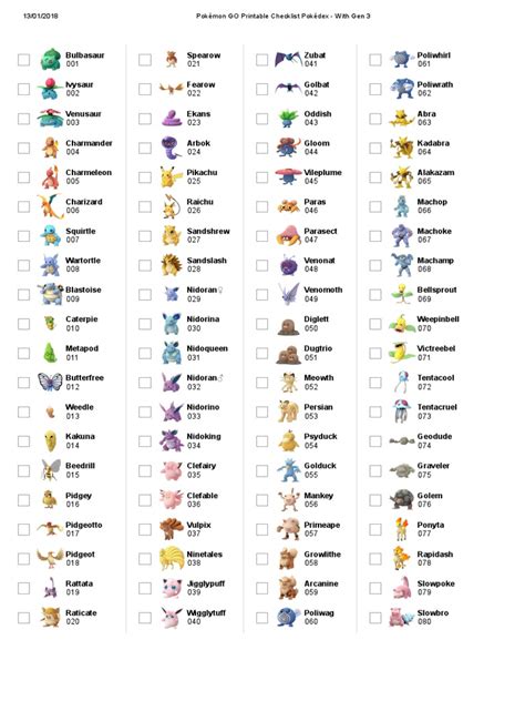 Pokémon Go Printable Checklist Pokédex With Gen 3 Pokémon