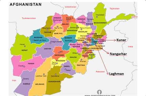 Map Of Afghanistan And The Location Of The Provinces Of Kunar