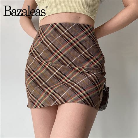 Bazaleas High Waist Short Plaid Mini Skirt Streetwear Brown Coffee