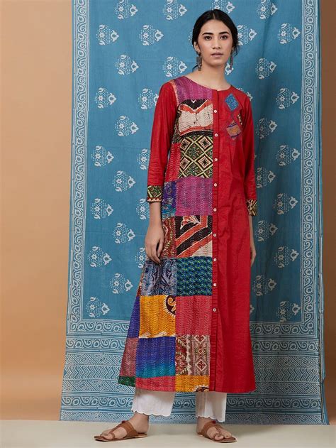 Buy Red Cotton Silk Kantha Patchwork Kurta Online At Theloom Cotton