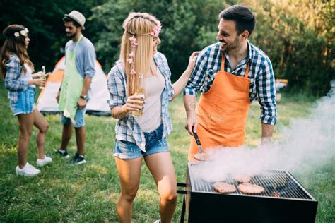 Group Of Friends Having Fun In Nature Doing Bbq Stock Image Image Of Meat Eating 143691463