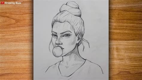 How To Draw A Girl With Bubble Gum Blowing For Beginners Pencil
