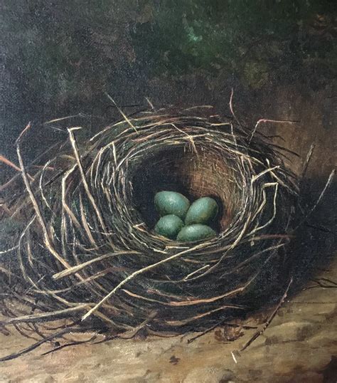 A Painting Of Three Green Eggs In A Nest