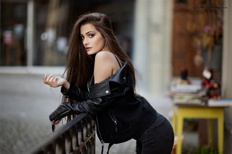 Girl In Black Leather Jacket Looking At Viewer Wallpaper Hd Girls