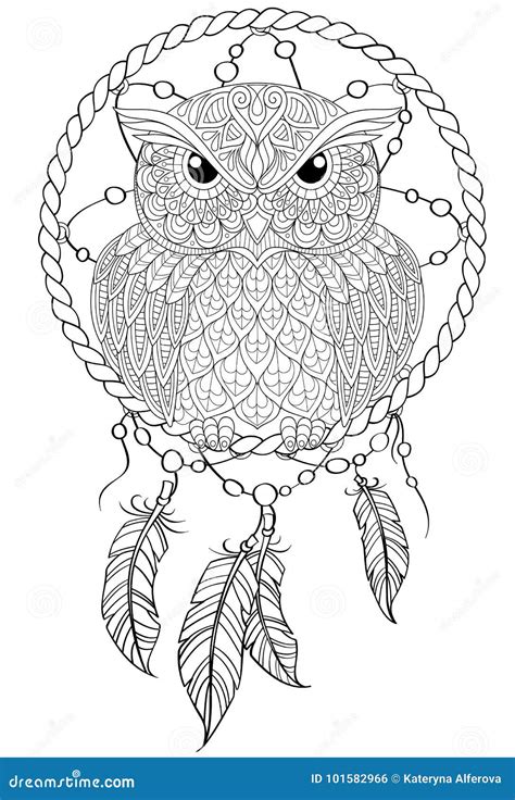 Dream Catcher With Owl Tattoo Or Adult Antistress Coloring Page Stock