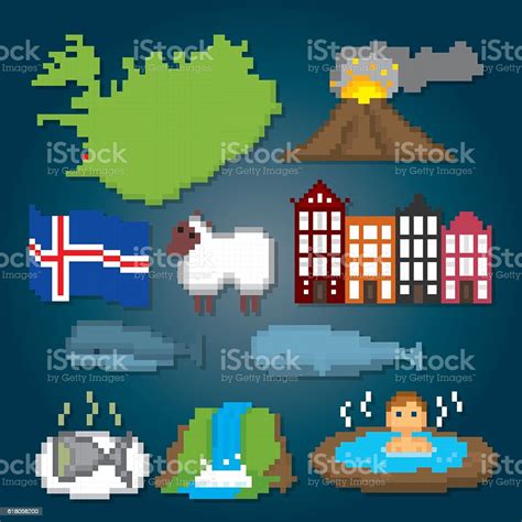 Iceland Icons Set Pixel Art Old School Computer Graphic Style Stock