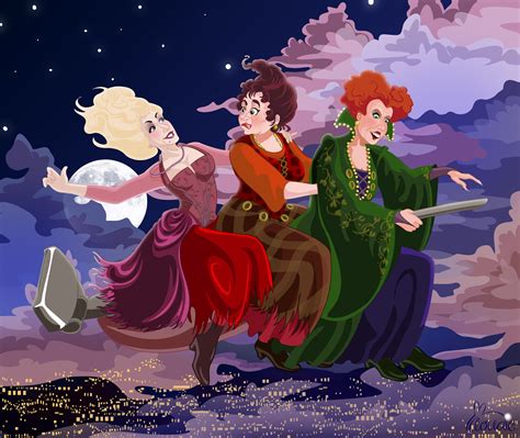 Winifred Mary And Sarah The Sanderson Sisters Witches Flying Into The Night From Hocus Pocus