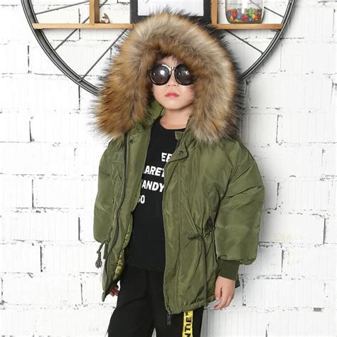2018 Boys Winter Jacket Child Down Coat Parka Fur Hooded Casual Army