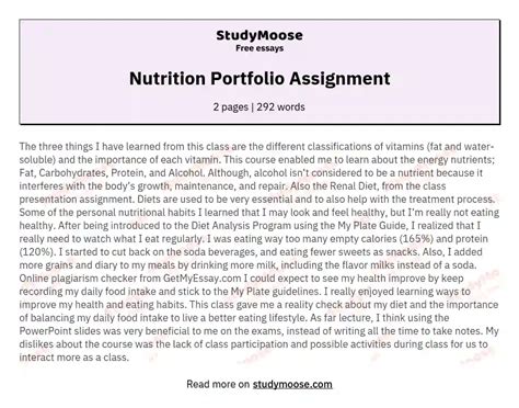 Nutrition Portfolio Assignment Free Essay Example