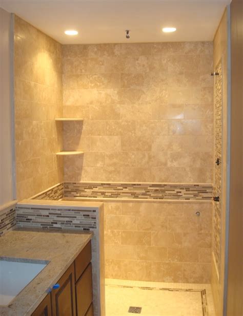 Straight Edge Tile Travertine Shower And Back Splash With