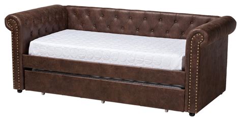 Janelle Contemporary Brown Faux Leather Upholstered Daybed With Trundle