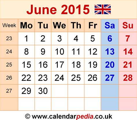 Calendar June 2015 Uk With Excel Word And Pdf Templates