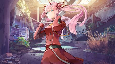 Darling In The Franxx Zero Two With Background Of Broken
