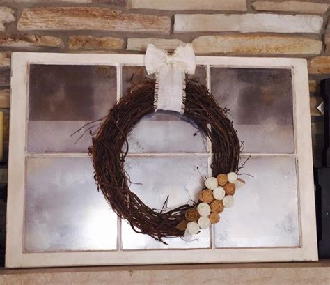 Vintage Window Frame With Antique Mirror Finish Grapevine Wreath With