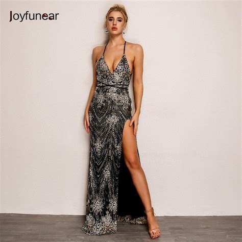 Buy Joyfunear Sexy Women Sequins Long Dress Women Backless V Neck Embroidery