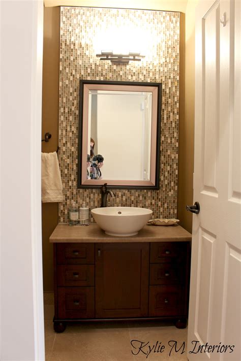 Powder Room Bathroom With Dark Vanity Vessel Sink Full Height Mosaic Tile Wall And Jamesboro