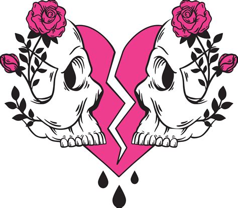 Broken Heart And Two Skulls With Roses Hand Drawn Emo Style Design