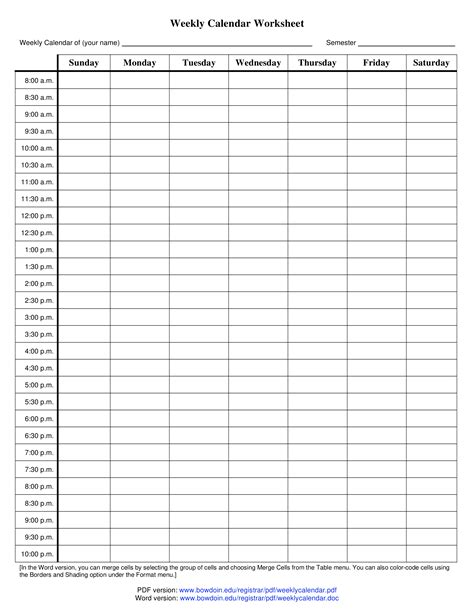 Printable Blank Weekly Calendar Worksheet Templates At