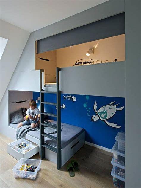 Boys Bedroom With Sleeping Loft And Plenty Of Storage Space Cool Beds For Kids Sleeping Loft