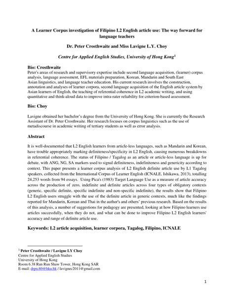 Check spelling or type a new query. (PDF) A Learner Corpus investigation of Filipino L2 English article use: The way forward for ...