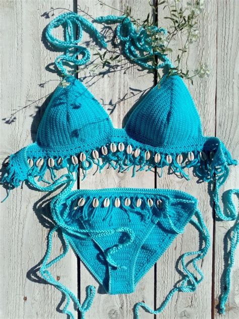 Bikini All Uncinetto Teal Blue Con Cowrie Sea Shells Etsy In