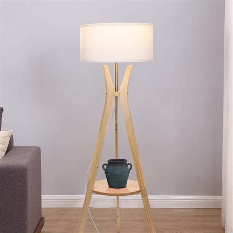 Brightech Led Mid Century Modern Wooden Tripod Base Floor Lamp W Shelf