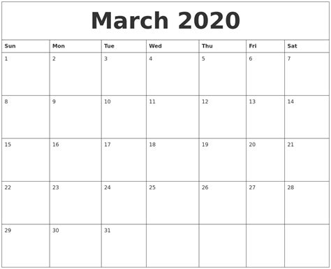 March 2020 Large Printable Calendar