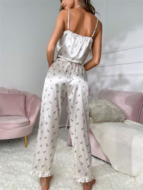 Conjunto De Pijama Con Estampado Floral Con Encaje En Contraste Ribete Con Fruncido De Satén
