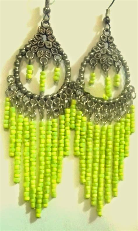 Light Lime Green Beaded Hand Made Chandelier Earrings Very Cute