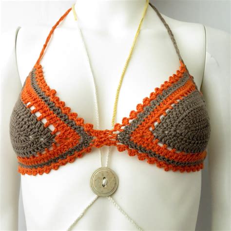 Crochet Encaje Taupe Parte Superior Del Bikini Naranja Traje Bikini