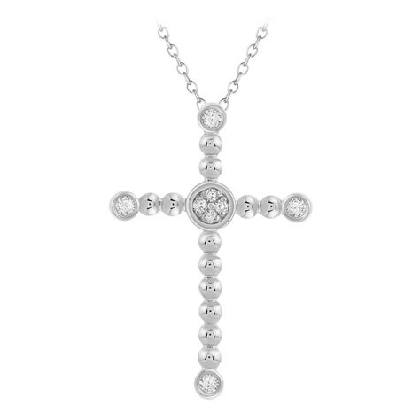14k Pave Diamond Cross Pendant Necklace Beaded 18" Chain Solid White
