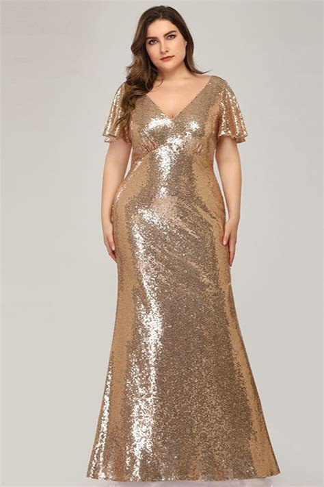 Plus Size Gold Sequins Mermaid Evening Prom Dress