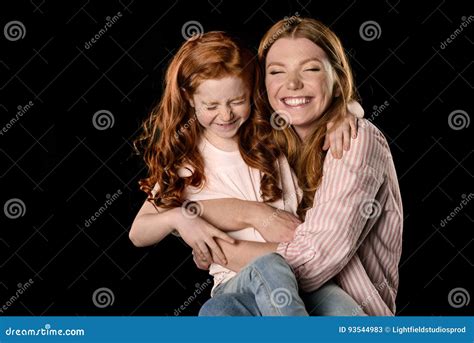 Redhead Mother And Daughter Having Fun Together Isolated On Black Stock Image Image Of Cute