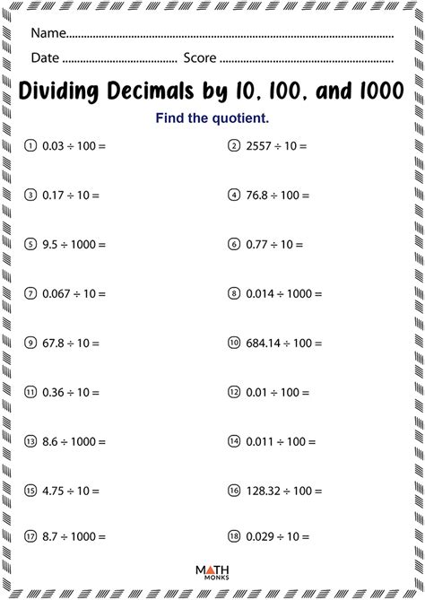 Dividing Decimals Worksheet 6th Grade Worksheets For Kindergarten