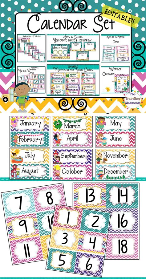 Editable Calendar Set Chevron Polka Dot Classroom Decor Polka Dot