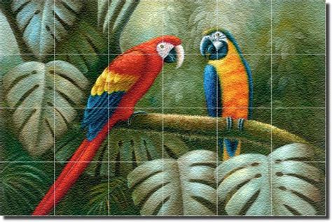 Tropical Macaws Art Birds Wall Floor Glass Tile Mural Mosaico Arara