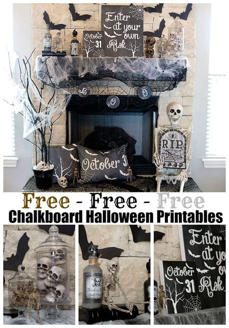A Fireplace Decorated With Halloween Decorations And Chalkboard Free